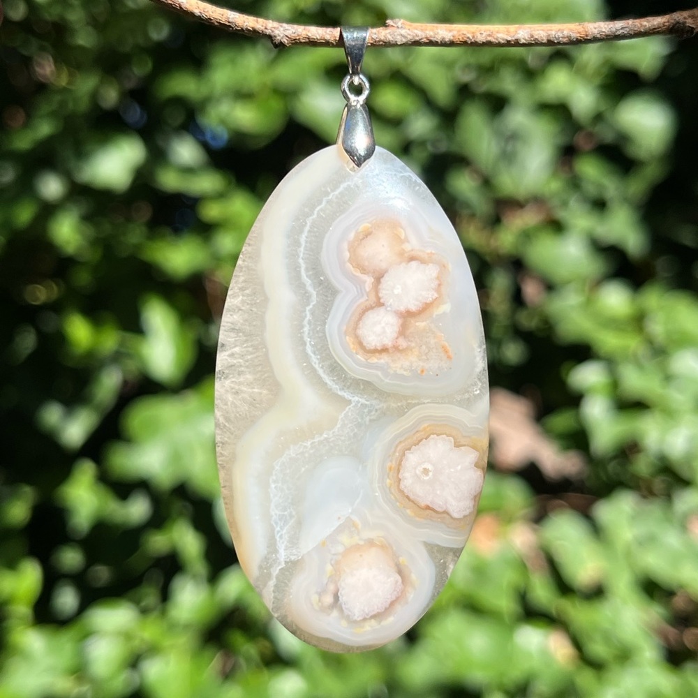 Large Sterling Silver Druzy Flower Agate Pendant 1293